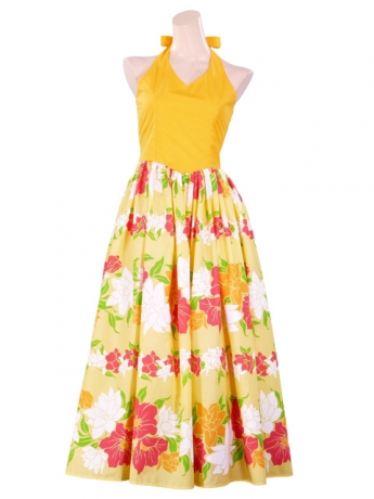 Hula Long Dress with Flower Print / Yellow / G1630y