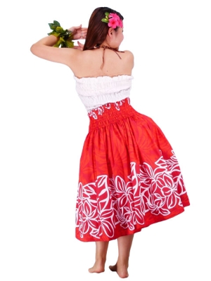Hula Pa'u Skirt with Plumeria Print / Red / J1654