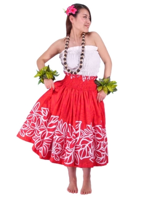 Hula Pa'u Skirt with Plumeria Print / Red / J1654