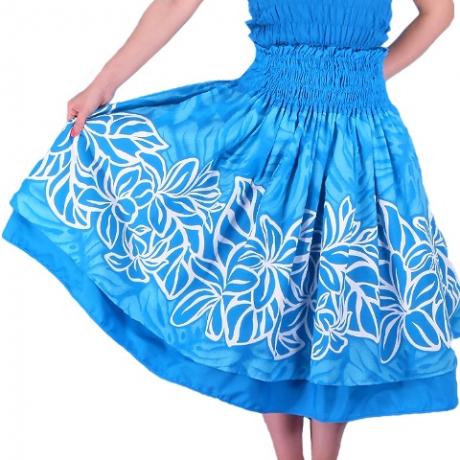 Hula Double & Reversible Pau Skirt with Plumeria Print / Blue / J1656