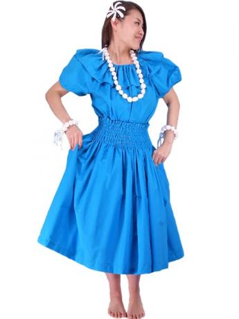 Hula Frilled Collar & Puff Sleeve Blouse & Pa'u Skirt Set-Up / Blue / G1671bl