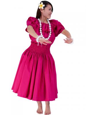 Hula Frilled Collar & Puff Sleeve Blouse & Pa'u Skirt Set-Up / Deep Rose / G1671dr
