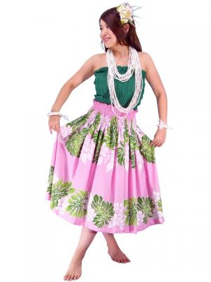Hula Pa'u Skirt with Plumeria & Monstera Print / Pink / J1685