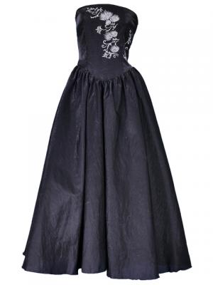 Strapless Shantung Dress with Lehua Embroidery / Black / G1774b