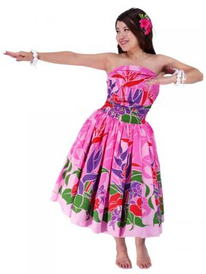 Hula Drape Midi Dress with Bird of Paradise / Pink  / G1777pi/ -SOLD OUT-