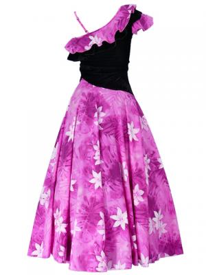 Hula One Shoulder Dress with Velvet & Plumeria Print / Pink / G1882pi