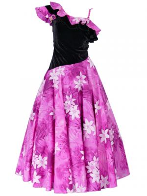 Hula One Shoulder Dress with Velvet & Plumeria Print / Pink / G1882pi