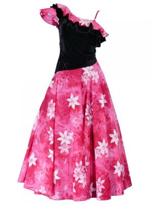 Hula One Shoulder Dress with Velvet & Plumeria Print / Red / G1882r