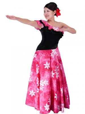 Hula One Shoulder Dress with Velvet & Plumeria Print / Red / G1882r