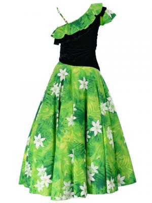 Hula One Shoulder Dress with Velvet & Plumeria Print / YellowGreen / G1882yg
