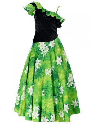 Hula One Shoulder Dress with Velvet & Plumeria Print / YellowGreen / G1882yg
