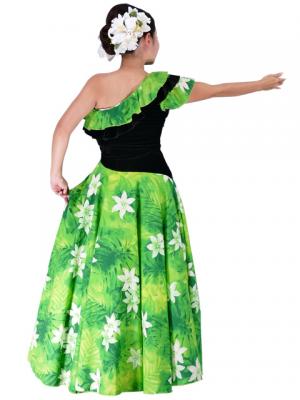 Hula One Shoulder Dress with Velvet & Plumeria Print / YellowGreen / G1882yg