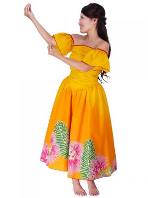 Hula Dress with Lehua Print Decorative Sleeves attached / Yellow / G1883y