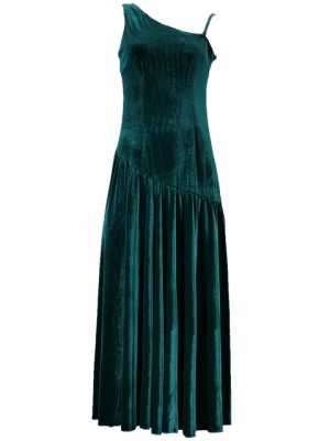 Hula One Shoulder Dress with Velvet / Green / G1913g