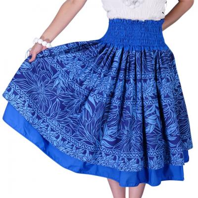 Hula Double & Reversible Pau Skirt with Heliconia Print / Royal Blue / J1919
