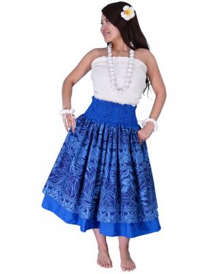 Hula Double & Reversible Pau Skirt with Heliconia Print / Royal Blue / J1919