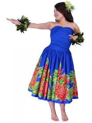 Hula Midi Dress with Torch Ginger Print / Blue / J1958bl
