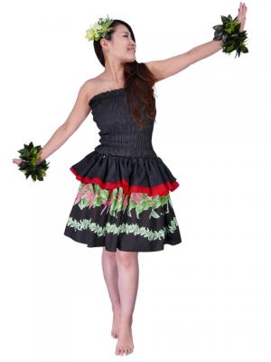 Tahitian Skirt with Heliconia  Print / Black / J1964