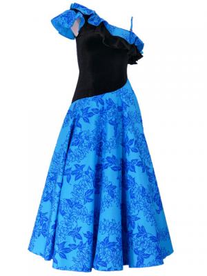 Hula One Shoulder Dress with Velvet & Orchid Print / Blue / G1967bl