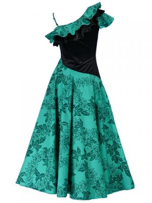 Hula One Shoulder Dress with Velvet & Orchid Print / Green / G1967g