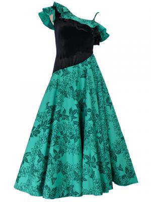 Hula One Shoulder Dress with Velvet & Orchid Print / Green / G1967g