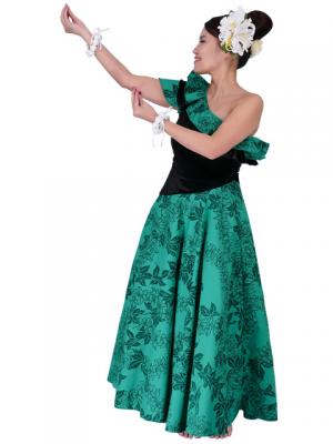 Hula One Shoulder Dress with Velvet & Orchid Print / Green / G1967g