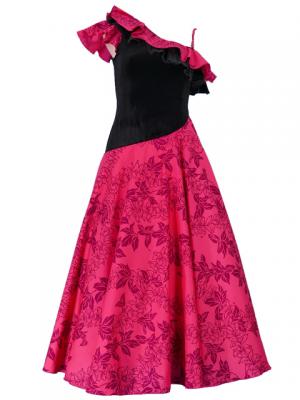 Hula One Shoulder Dress with Velvet & Orchid Print / Red / G1967r