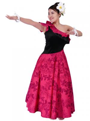 Hula One Shoulder Dress with Velvet & Orchid Print / Red / G1967r