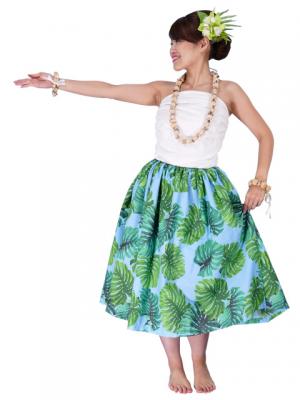 Hula Pa'u Skirt with a cord / Monstera / Blue / J2021bl