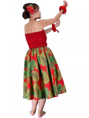 Hula Pa'u Skirt with a cord / Monstera / Red / J2021r