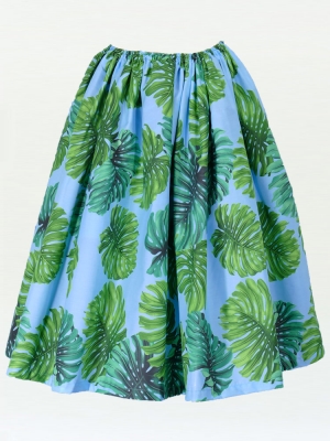 Hula Pa'u Skirt with a cord / Monstera / Blue / J2021bl