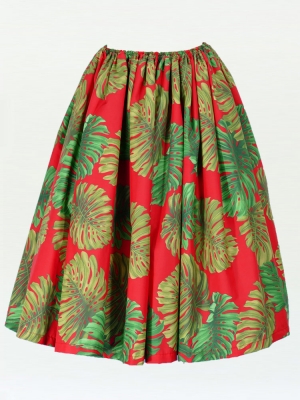 Hula Pa'u Skirt with a cord / Monstera / Red / J2021r