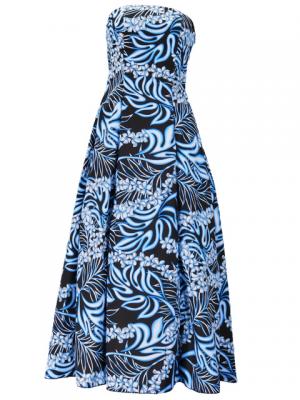 Hula Strapless Dress with Plumeria Print / Black & Blue  / G2045bbl