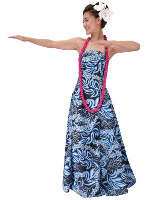 Hula Strapless Dress with Plumeria Print / Black & Blue  / G2045bbl