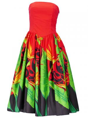 Hula Strapless Dress with Bird of Paradise / Red  / G2090r