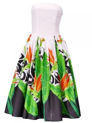 Hula Strapless Dress with Bird of Paradise / White  / G2090w