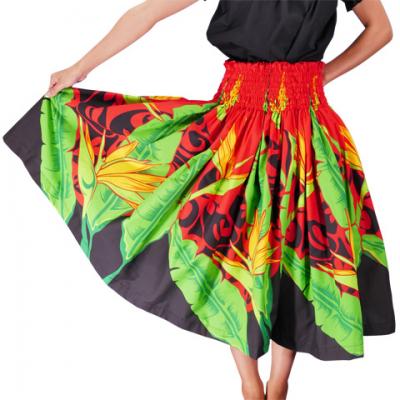 Hula Pa'u Skirt with Bird of Paradise Print / Red /J2094