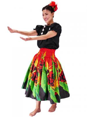 Hula Pa'u Skirt with Bird of Paradise Print / Red /J2094