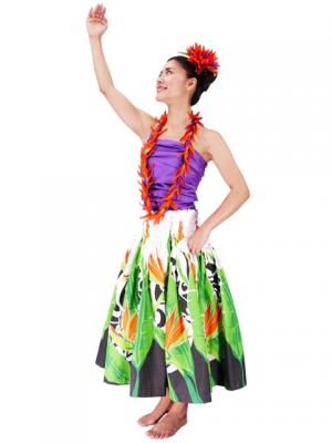 Hula Pa'u Skirt with Bird of Paradise Print / White /G2098