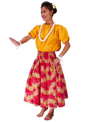 Hula Pa'u Skirt with Maile Print / Red /J2148