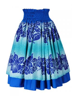 Hula Double & Reversible Pau Skirt with Hibiscus  Print / Royal Blue / G2190