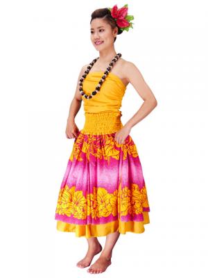 Hula Double & Reversible Pau Skirt with Hibiscus  Print / Yellow / G2192