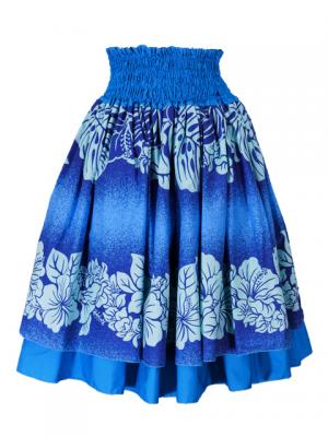Hula Double & Reversible Pau Skirt with Hibiscus  Print / Blue / G2193