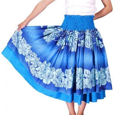 Hula Double & Reversible Pau Skirt with Hibiscus  Print / Blue / G2193