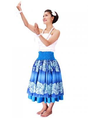 Hula Double & Reversible Pau Skirt with Hibiscus  Print / Blue / G2193
