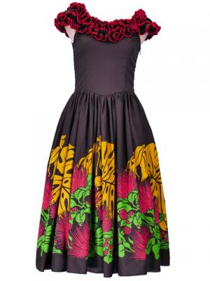 Hula Midi Dress with Lehua Print / Black / G2197b