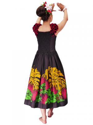 Hula Midi Dress with Lehua Print / Black / G2197b