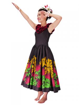 Hula Midi Dress with Lehua Print / Black / G2197b