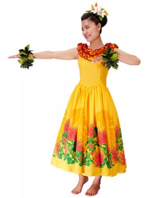 Hula Midi Dress with Lehua Print / Yellow / G2197y