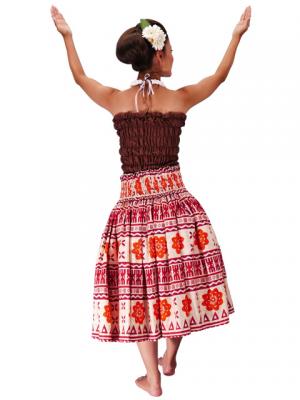 3-PIECE SET / Hula Pa'u Skirt with Kahiko Print / Red /J2205-3